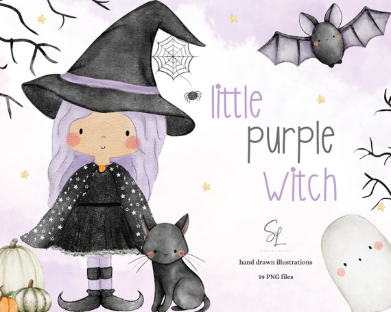 Watercolor Witch Clipart, Cute Halloween PNG Graphics (Digital Download)
