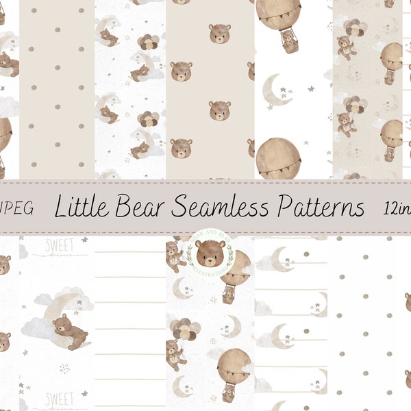 Cute Watercolor Teddy Bear Seamless Repeating Pattern Digital Paper, Boho Teddy Bear Fabric Scrapbook Digital Wrapping Paper