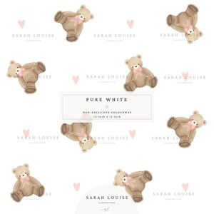 May include: A pattern featuring watercolor illustrations of teddy bears with pink bows and hearts on a white background. The text "PURE WHITE" and "12 inch x 12 inch" are also present.