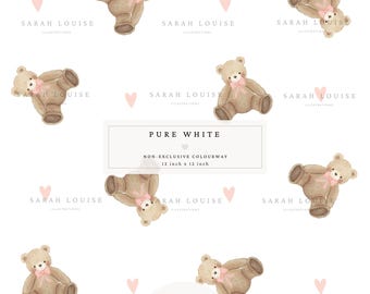 Baby Nursery Digital Fabric Pattern, Teddy Bear Seamless Print, White Nursery Textile , Simple Minimal Children’s Fabric Design