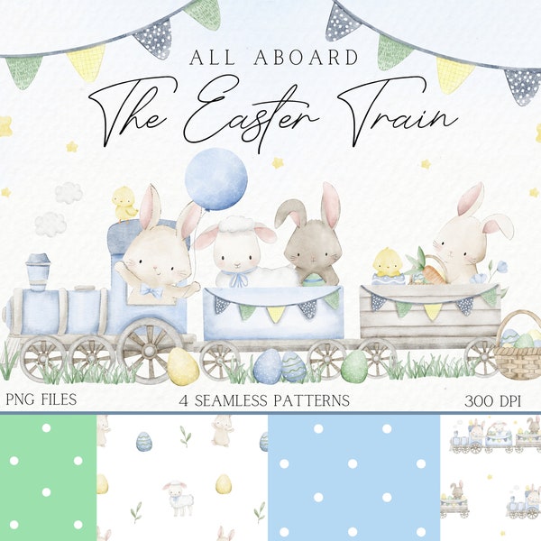 Cute Clipart Baby Easter Animal Watercolor PNG, Watercolor Easter Egg Bunny Train Clipart Animals Sublimation PNG, Easter Watercolor Clipart