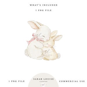 May include: Watercolor illustration of two hugging bunnies. One bunny is white with a pink bow, the other is tan. The image includes the text "SARAH LOUISE ILLUSTRATIONS" and "COMMERCIAL USE".