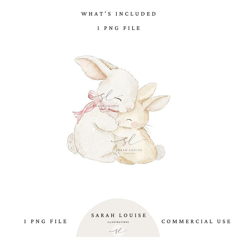 May include: Watercolor illustration of two hugging bunnies. One bunny is white with a pink bow, the other is tan. The image includes the text "SARAH LOUISE ILLUSTRATIONS" and "COMMERCIAL USE".