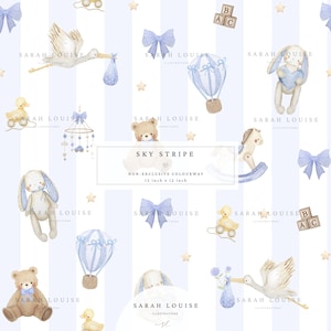 May include: A repeating pattern featuring baby-themed illustrations on a light blue and white striped background. The design includes a stork, teddy bears, bunnies, hot air balloons, bows, and wooden blocks. The text "SKY STRIPE" is visible.