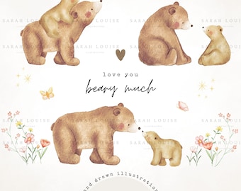 Mummy Bear & Baby Bear Watercolor Clipart Set, Love You Beary Much, Mother’s Day PNG, Cute Bear Illustration, Commercial Use