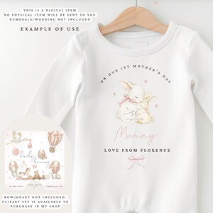 May include: White baby onesie with a bunny graphic and the text "On our 1st Mother's Day". The onesie features a watercolor illustration of two bunnies hugging, with the word "Mummy" below. The text "Love from Florence" is also included.