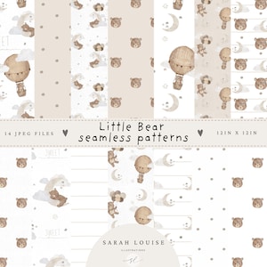 Papel digital con estampado repetitivo sin costuras de osito de acuarela, papel de regalo digital para álbumes de recortes de tela con osito de peluche bohemio.
