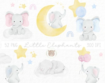 Cute Baby Blue Pink Boy Girl Elephant Clipart Set PNG Sublimation design, Watercolor Cute Baby Sleeping Elephant Clipart digital download