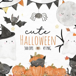 Cute Kids Watercolor Halloween Art PNG Digital Clipart Graphics, Halloween Artwork Cute Ghost Cat Pumpkin Bat Clipart Sublimation Design