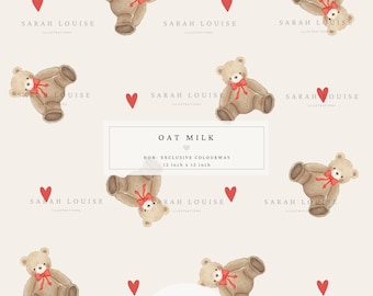 Neutral Teddy Bear Digital Seamless Pattern, Watercolor Bear & Hearts, Nursery Fabric Design, Baby Teddy Repeated Tile Pattern