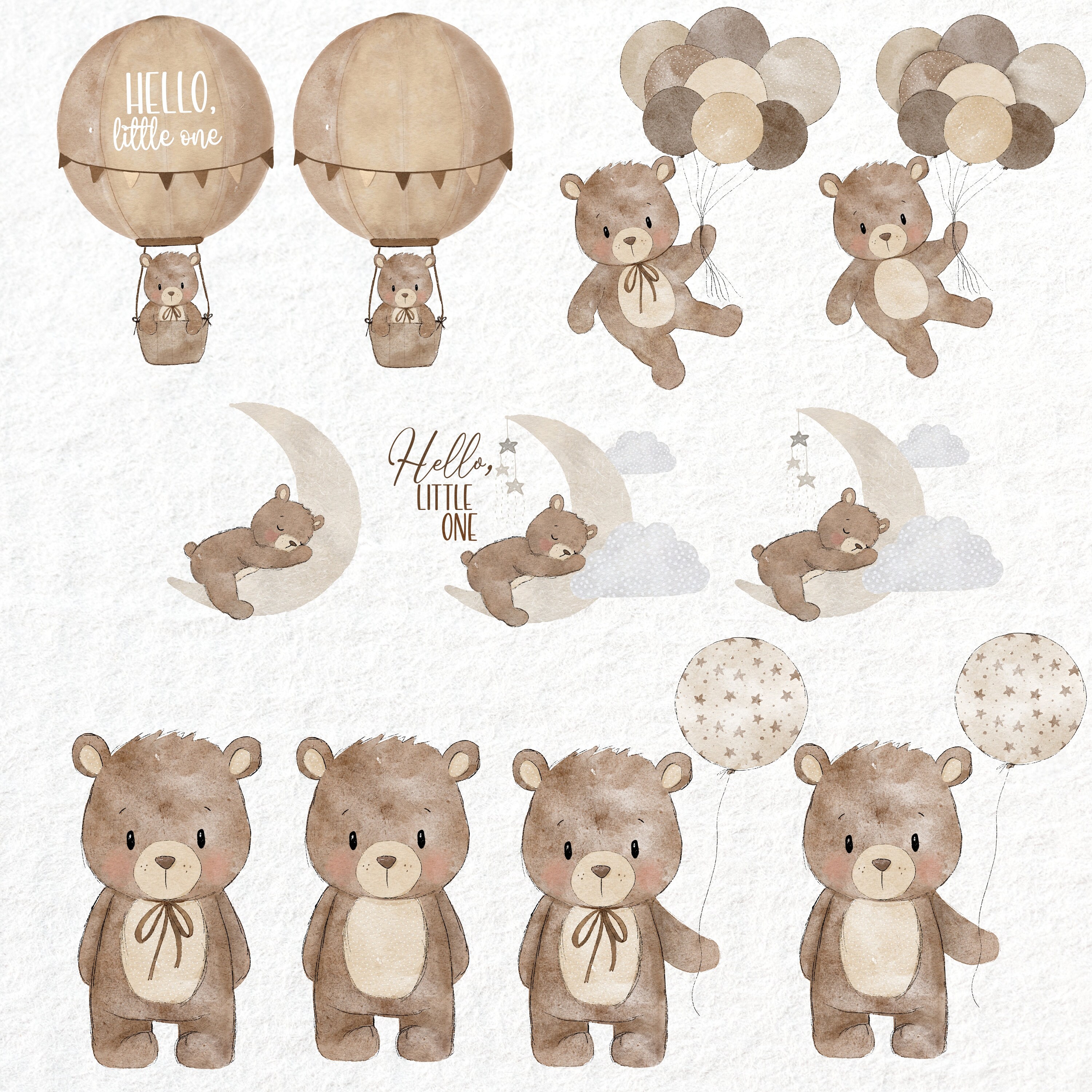 Cute Watercolor Teddy Bear Neutral Baby Boho Clipart Set PNG ...