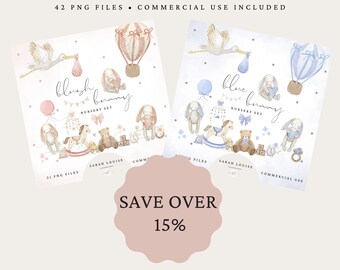 Blush & Blue Bunny Nursery Mega Bundle – Watercolor Clipart Set