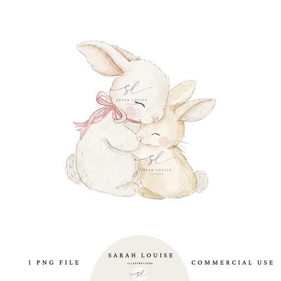 Watercolor Bunny Clipart, Mother and Baby Rabbit Illustration (Instant Download)
