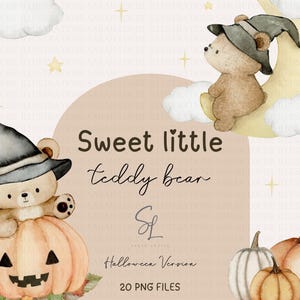 Słodkie akwarele dla dzieci, pierwsze 1. Halloween Art PNG, cyfrowy zestaw clipartów, boho neutralny Halloween, miś, dynia, clipart, sublimacja, projekt