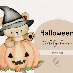 Akwarela, Halloween, Miś, Dynia, Neutralny Boho (PNG do pobrania)