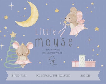 Aquarel kerstballerina muis clipart, png-afbeeldingen (digitale download)