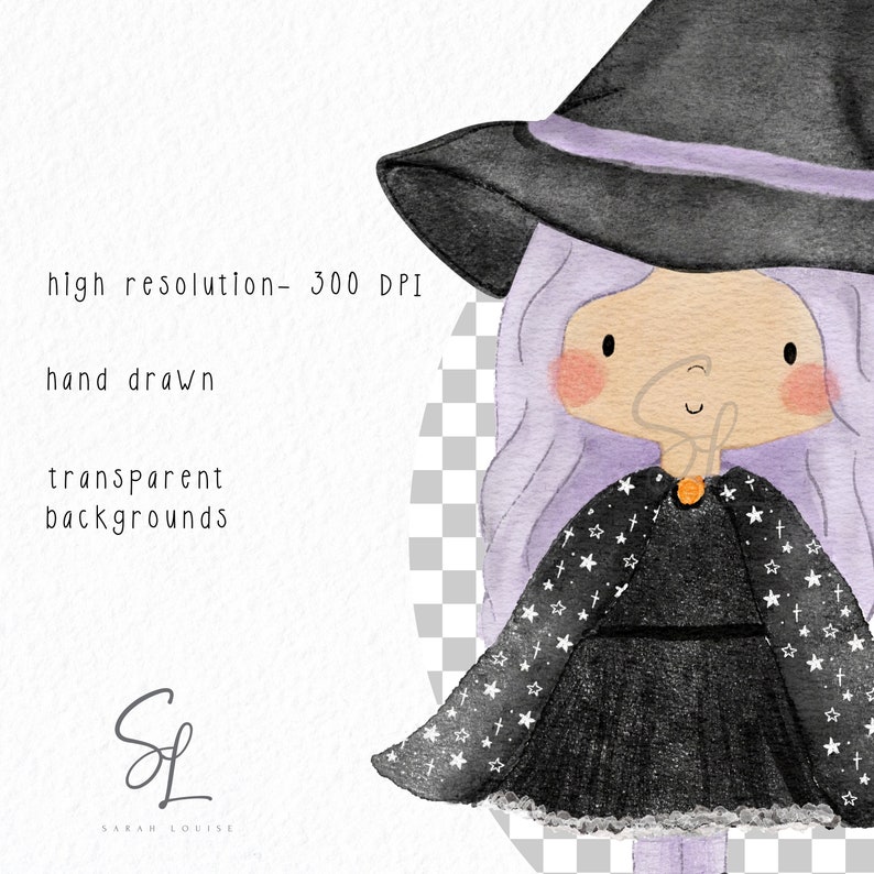 Clipart z akwarelową wiedźmą, urocze grafiki PNG na Halloween (pobieranie cyfrowe) zdjęcie 3