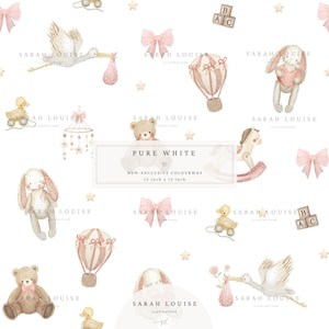 May include: A white background with a repeating pattern of baby-themed illustrations. The design includes a stork carrying a bundle, teddy bears, bunnies, hot air balloons, bows, and wooden blocks. The text "PURE WHITE" and "12 inch x 12 inch" are also present.