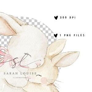 May include: Watercolor illustration of two bunnies, one white and one tan, embracing. The white bunny has a pink bow. The text "Sarah Louise Illustrations" is at the bottom. The image also includes the text "300 DPI" and "1 PNG FILES."