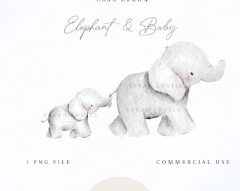 Elephant and Baby Watercolor Clipart, Hand Drawn Nursery Art (PNG File for Commercial Use)