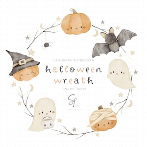 Uroczy wieniec halloweenowy w formacie PNG, akwarelowy duch, dynia, nietoperz (pobieranie cyfrowe)
