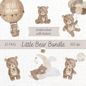 Cute Watercolor Teddy Bear Neutral Baby Boho Clipart Set PNG Transparent Background Sublimation design Nursery Graphics Clip Art