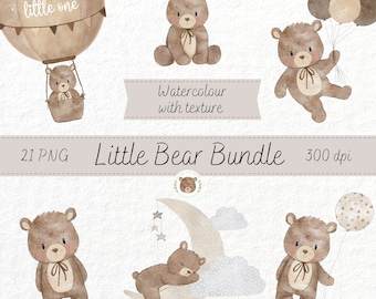 Watercolor Teddy Bear Clipart Set, Neutral Baby Graphics (PNG)
