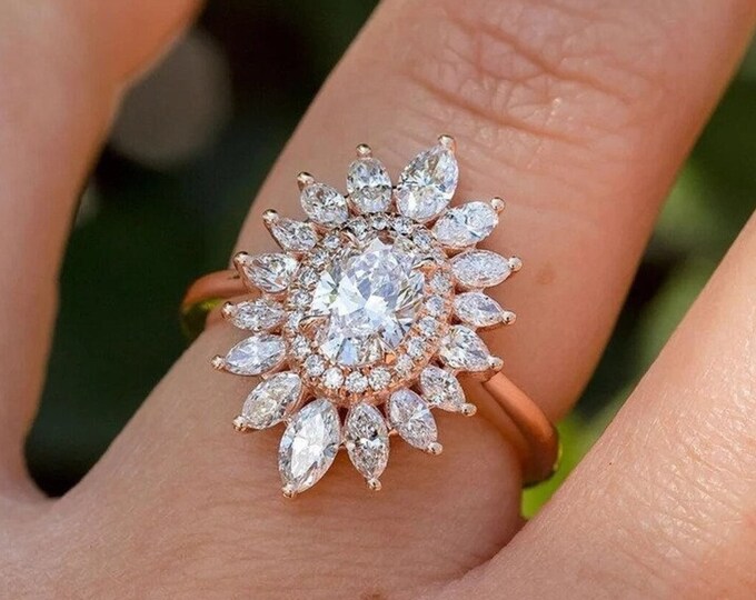 1.5 Oval cut Starburst Engagement Ring Oval Cut Moissanite Wedding Ring 14K Rose Gold Anniversary Ring Oval Promise Ring