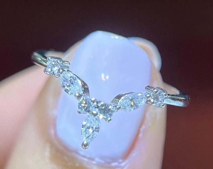 Vintage Chevron V Shape Round and Marquise Bridal Ring Engagement Wedding Band Ring 14K Solid Gold Band Ring Moissanite Gifts Women