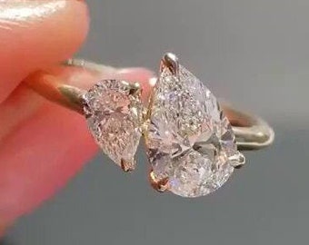 Pear Cut 2 Stone Toi Et Moi Ring 14K Solid Gold Two Stone Engagement Ring Moissanite Solitaire Ring Vintage Gifts Ring For Women