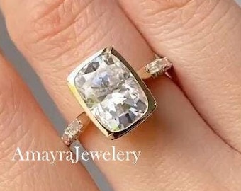 3 CT Elongated Cushion Cut Bezel Set Moissanite Engagement Ring Side Baguette Cut 14k Solid Gold Wedding Ring Gifts For Women Vintage Ring