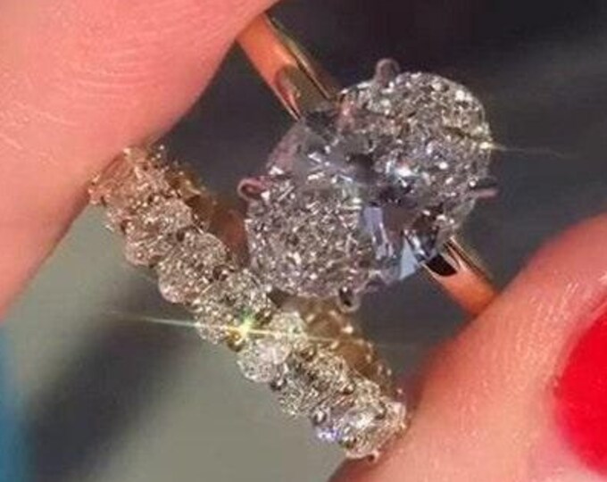 3 CT Oval Cut Moissanite Solitaire Engagement Bridal Set Ring Gift For Her With Oval Half Wedding Gift Stylish Bridal Set Ring For Gifts Her
