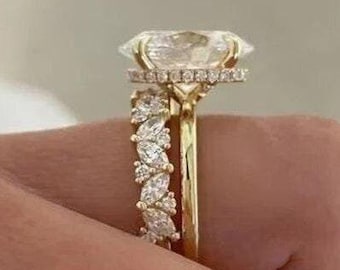 3 CT Oval Moissanite Engagement Ring Set Oval Cut Solitaire 14K Solid Gold Bridal Ring Set With Half Eternity Marquise Vintage Band Her