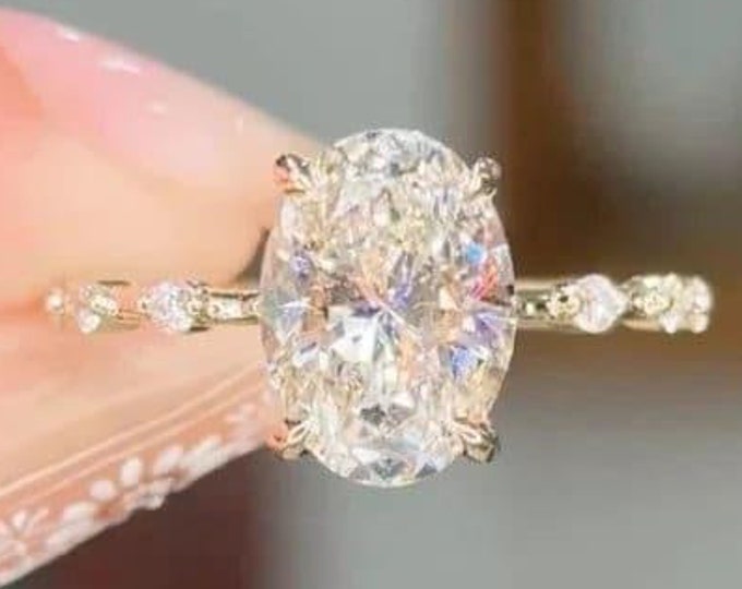 3 CT Oval Moissanite Engagement Ring Oval Hidden Halo Distance Pave 14k Solid Gold Ring Solitaire Wedding Ring Vintage Gift Anniversary Ring