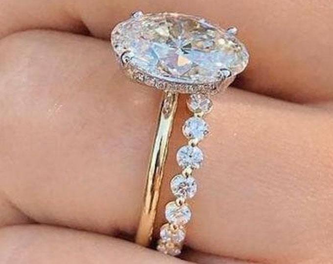 3 CT Oval Cut Moissanite Engagement Ring With Round Cut Bubble Band 14K Yellow Gold Moissanite Bridal Ring Set For Her Oval Bridal Ring Set