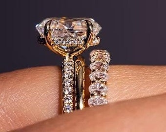 3CT Oval Cut Moissanite Engagement Ring 14K Gold Moissanite Bridal Trio Wedding Ring Set With Oval And Plain Anniversary Band Gift For Women