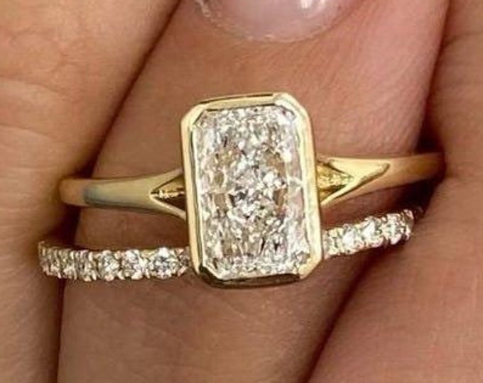 2 CT Radiant Cut moissanite Split Shank Bezel Set for Engagement ring 14K Solid Gold Bridal Set ring for women Pave set Wedding Gifts Ring