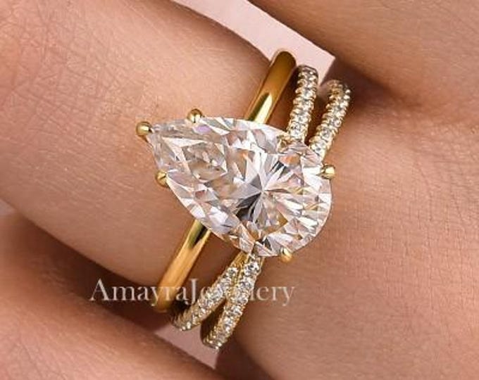 2.50 CT Pear Cut Moissanite Stone Engagement Ring With Matching Cross Band Bridal Set 14K Gold Wedding Ring Set Anniversary Ring Set For Her