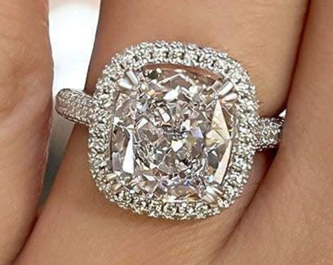 3 CT Cushion Cut Halo Moissanite Engagement Ring Side Round Cut 14k Solid Gold Wedding Ring Gifts For Women Vintage Ring For Her