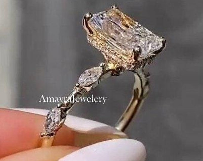 3 CT Radiant Cut Hidden Halo 14K Solid Yellow Gold Engagement Ring Side Marquise Distance Pave Wedding Ring Gifts For Women Anniversary Ring
