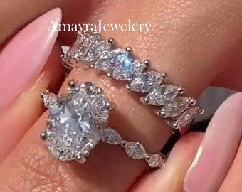 2.5 CT Oval Cut Moissanite Engagement Ring Set Bridal Ring Set With Marquise Wedding Band Promise Ring Set Anniversary Ring Set Gift Women