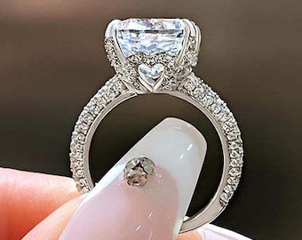 4 CT Cushion Cut Halo Moissanite Engagement Ring Side Round Cut 14k Under Heart Cut Solid Gold Wedding Ring Gifts For Women Vintage Ring