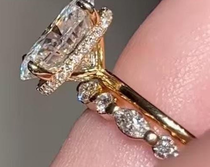 3 CT Oval Cut Moissanite Engagement Halo Ring Set Prong Set Vintage Ring Wedding Ring Marquise And Round Diamond Bridal Set Ring For Her
