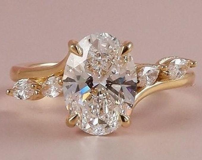 2.5 CT Oval Moissanite Engagement Ring 14K Solid Gold Ring Side Marquise Wedding Ring Oval Solitaire Unique Thank You Gift For Women