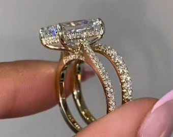 4 CT Radiant Cut Moissanite Halo Bridal Ring Set 14kt Gold Engagement Ring Round Cut Eternity Wedding Band Anniversary Gifts For Women