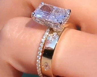 3 CT Radiant Cut Moissanite Engagement Diamond Ring Set Bridal Ring Set With Flower Band Wedding Band Promise Ring Anniversary Gift For Her