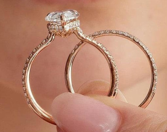 2.50 CT Pear Cut Moissanite Tulip Set Engagement Ring With Matching Band Bridal Set 18K Gold Wedding Ring Set Anniversary Ring Set For Her