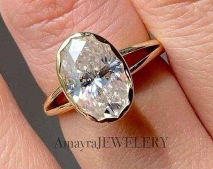 3CT Bezel Set Oval Moissanite Engagement Ring, Silver 10k 14k 18k Solid Gold Ring Oval Cut Wedding Ring Oval Solitaire Ring Anniversary Ring