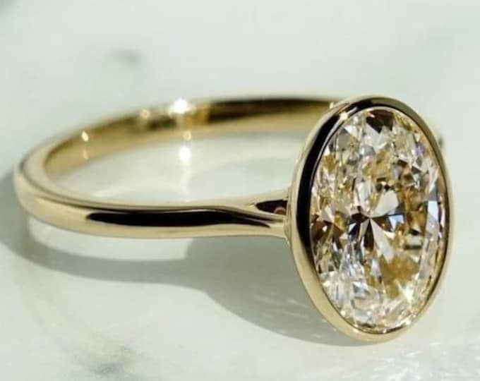 3 CT Oval Cut Moissanite Engagement Ring Bezel Set 14K Solid Gold Moissanite Solitaire Ring Promise Anniversary Gifts Ring For Women