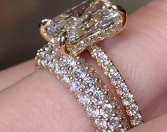 3 CT Radiant Cut Moissanite Diamond Bridal Ring Set 14K Gold Engagement Ring Round Cut Moissanite Eternity Band Anniversary Gift For Women